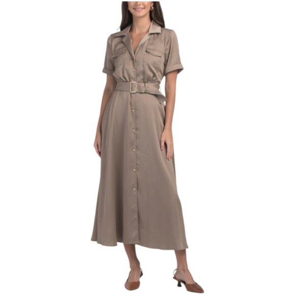 KARL LAGERFELD Satin Belted Maxi Shirt Dress - Picture 1 of 3
